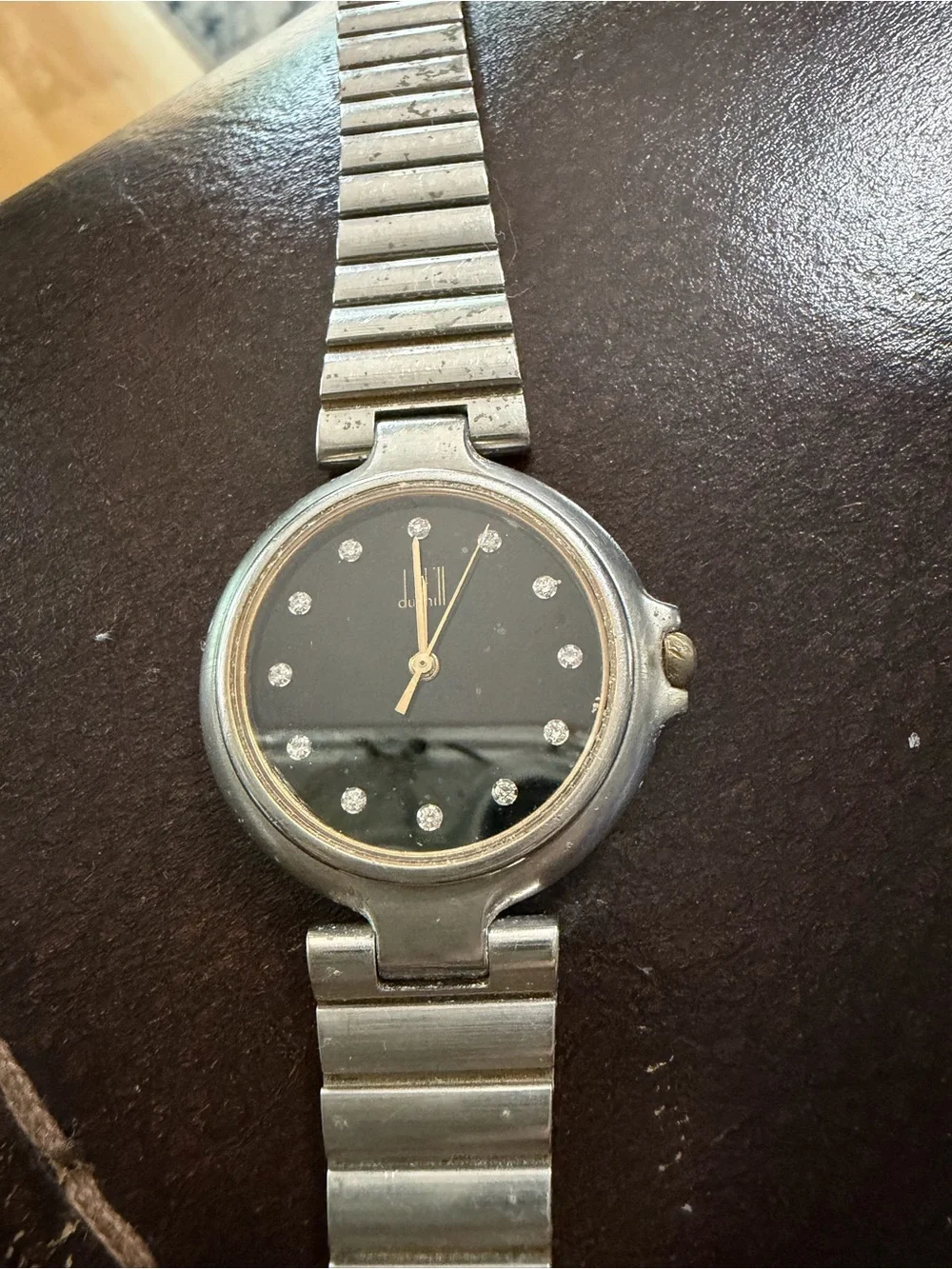 Dunhill Silver-Tone Watch with Black Dial and Crystal Markers